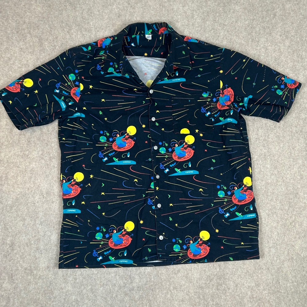 Compaq Button Up Shirt Mens Large Black Space Novelty Print Vintage Made In USA